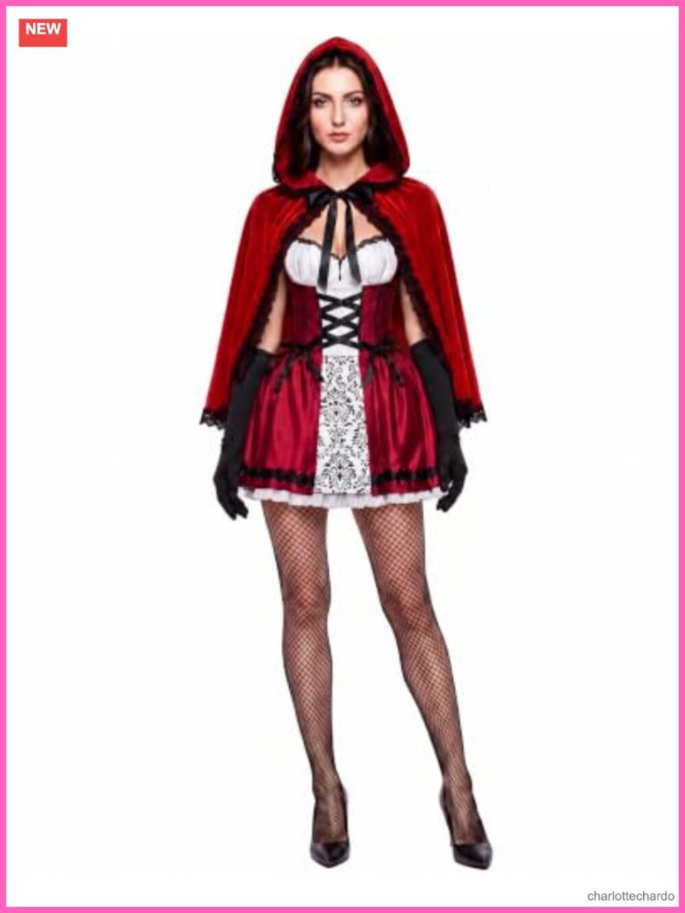 Little Red Riding Hood Costume Set Velvet Cape Gloves Fishnet Stockings